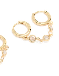 Gold Plated Cubic Zirconia Double Huggie Chain Earrings