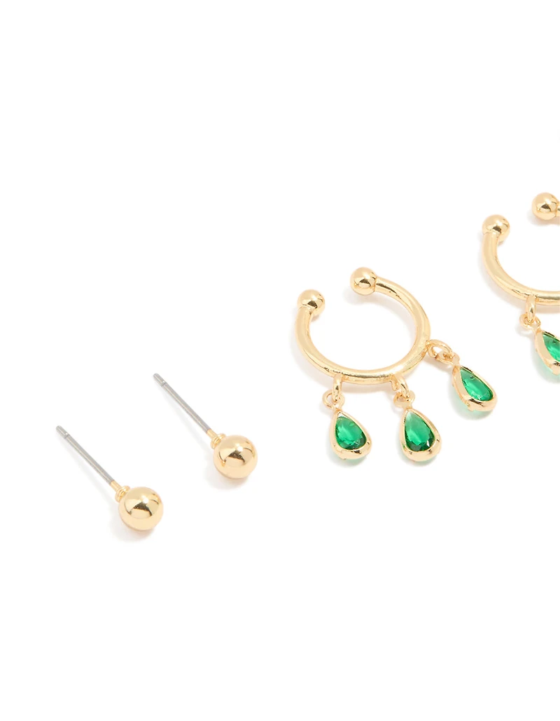 Gold Plated Green Cubic Zirconia Ear Cuff & Huggie Earrings 4-Pack