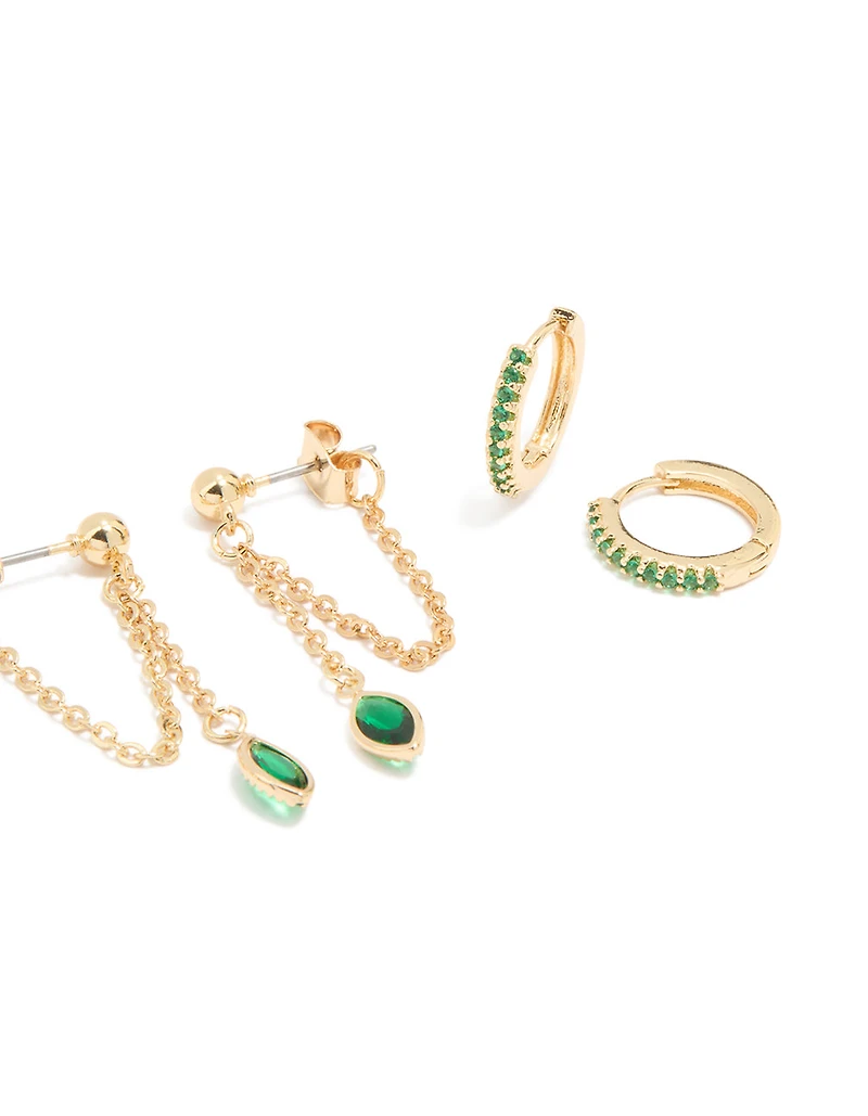 Gold Plated Green Cubic Zirconia Ear Cuff & Huggie Earrings 4-Pack