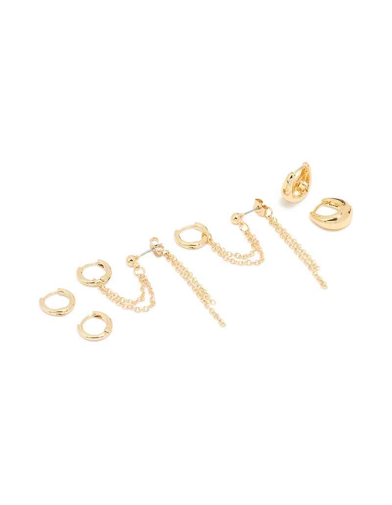 Gold Plated Huggie & Chain Earrings 3-Pack