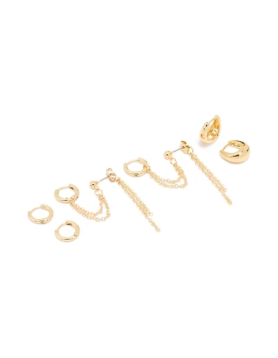 Gold Plated Huggie & Chain Earrings 3-Pack