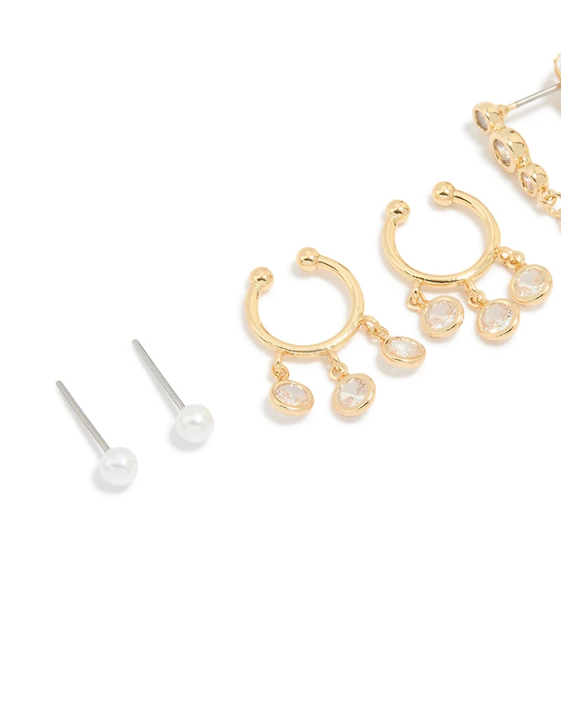 Gold Plated Cubic Zirconia & Pearl Huggie Earrings 4-Pack