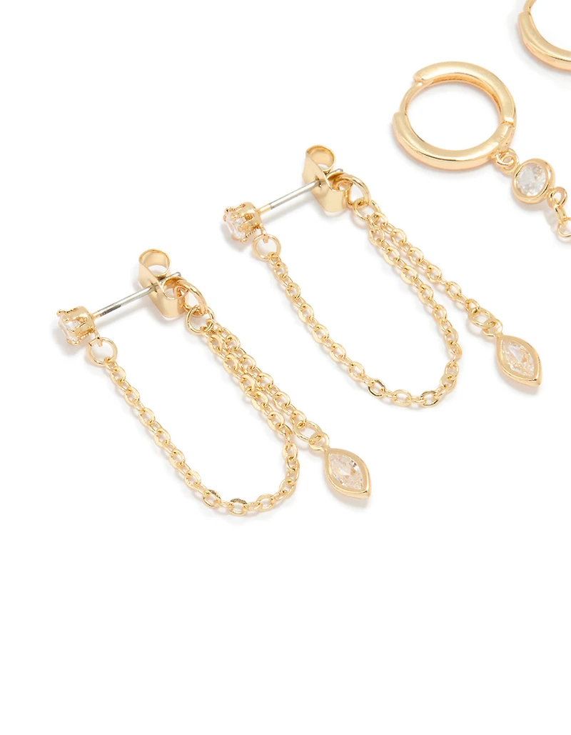 Gold Plated Cubic Zirconia Drop & Chain Earrings 2-Pack