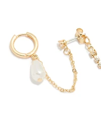 Gold Plated Pearl Chain Huggie & Stud Earrings
