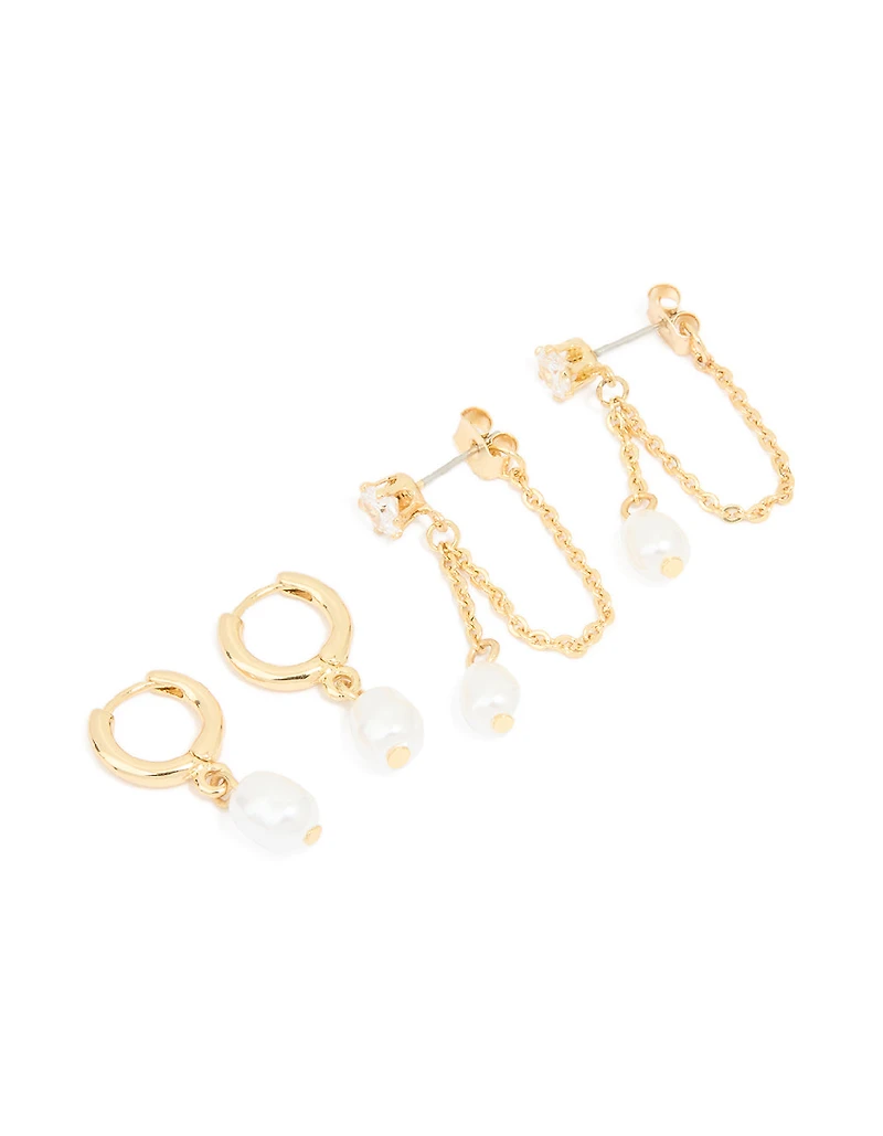 Gold Pearl Huggie & Chain Stud Earrings 2-Pack