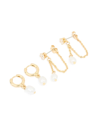 Gold Pearl Huggie & Chain Stud Earrings 2-Pack
