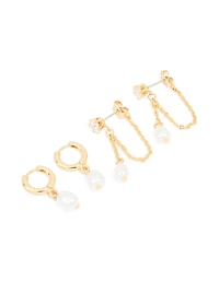 Gold Pearl Huggie & Chain Stud Earrings 2-Pack