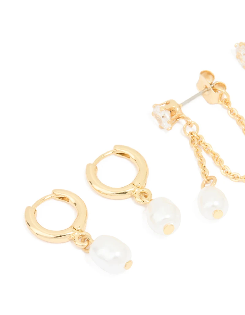 Gold Pearl Huggie & Chain Stud Earrings 2-Pack