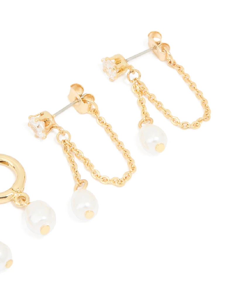 Gold Pearl Huggie & Chain Stud Earrings 2-Pack