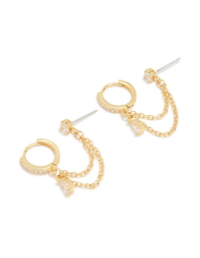 Gold Plated Cubic Zirconia Pear Layered Chain Huggie Earrings