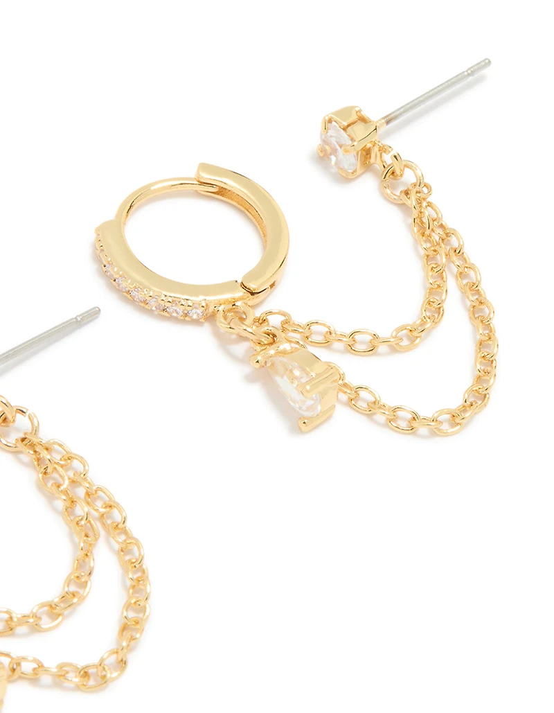 Gold Plated Cubic Zirconia Pear Layered Chain Huggie Earrings