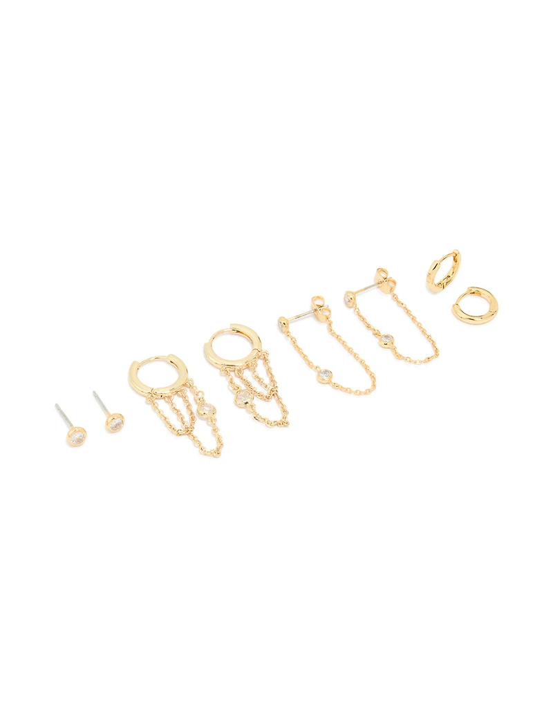 Gold Plated Cubic Zirconia Chain & Huggie Earrings 4-Pack