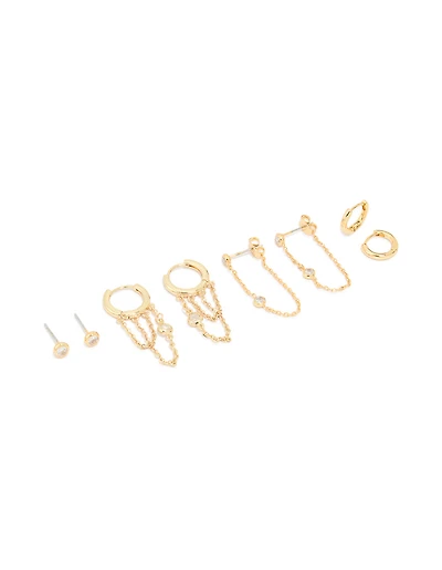 Gold Plated Cubic Zirconia Chain & Huggie Earrings 4-Pack