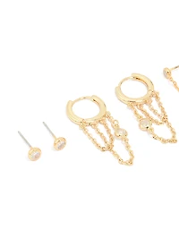 Gold Plated Cubic Zirconia Chain & Huggie Earrings 4-Pack