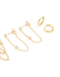 Gold Plated Cubic Zirconia Chain & Huggie Earrings 4-Pack