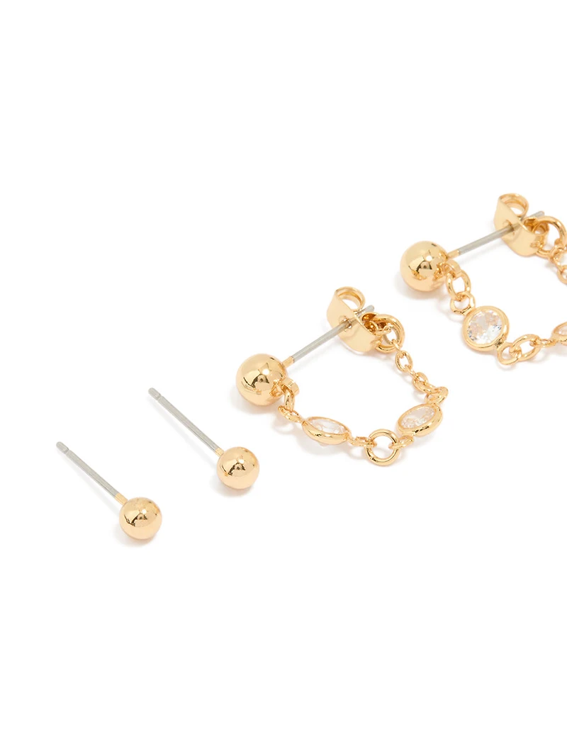 Gold Plated Molten Huggie & Cubic Zirconia Chain Earrings 4-Pack