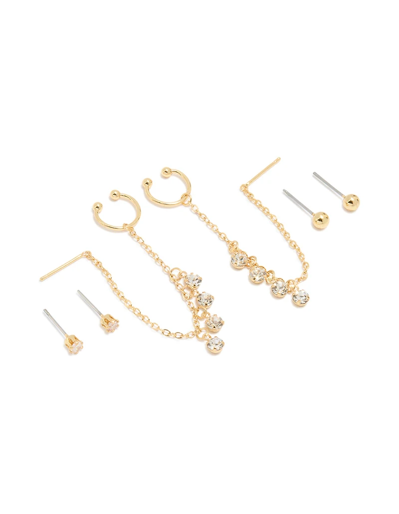 Gold Plated Chain Cubic Zirconia Chain Pull Through Earrings & Studs 3-Pack