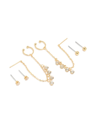 Gold Plated Chain Cubic Zirconia Chain Pull Through Earrings & Studs 3-Pack