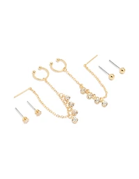 Gold Plated Chain Cubic Zirconia Chain Pull Through Earrings & Studs 3-Pack