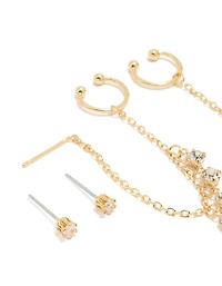 Chaîne cubique en zircone plaquée or Chaîne à tirer à travers boucles d’oreilles et clous 3-pack