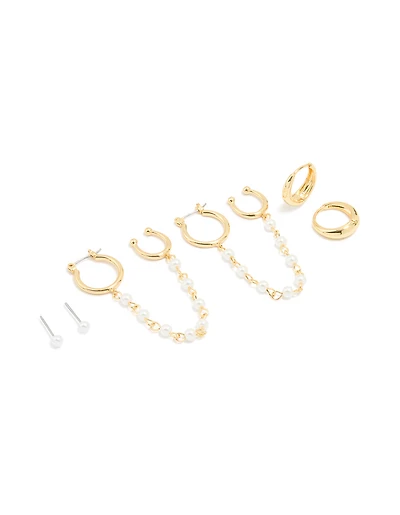 Gold Plated Pearl Chain & Huggie Earrings 3-Pack