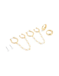 Gold Plated Pearl Chain & Huggie Earrings 3-Pack