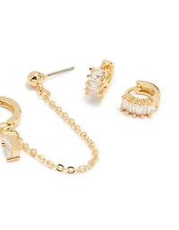 Gold Plated Baguette Huggie & Chain Earrings 4-Pack