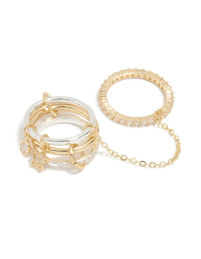 Anneau interconnecté à chaîne de charme en zircone cube métal mixte