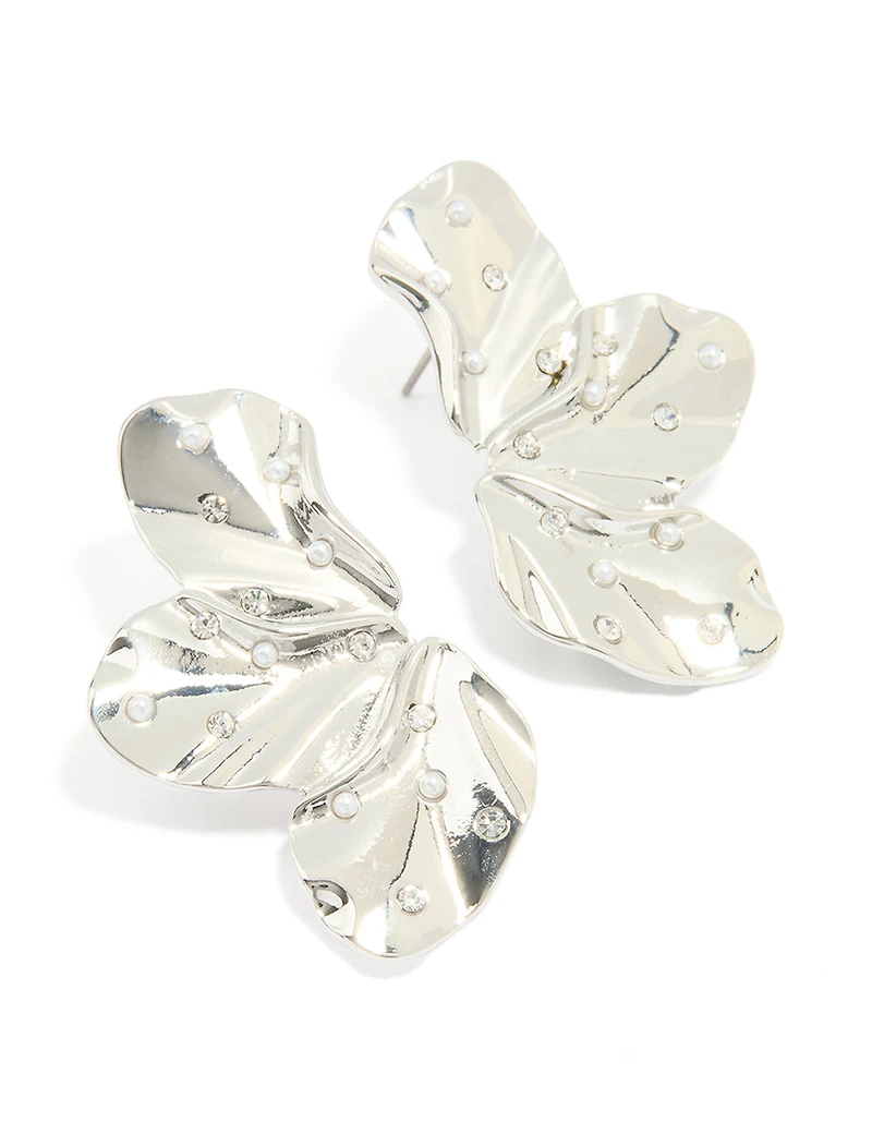 Silver Dotted Pearl Flower Stud Earrings
