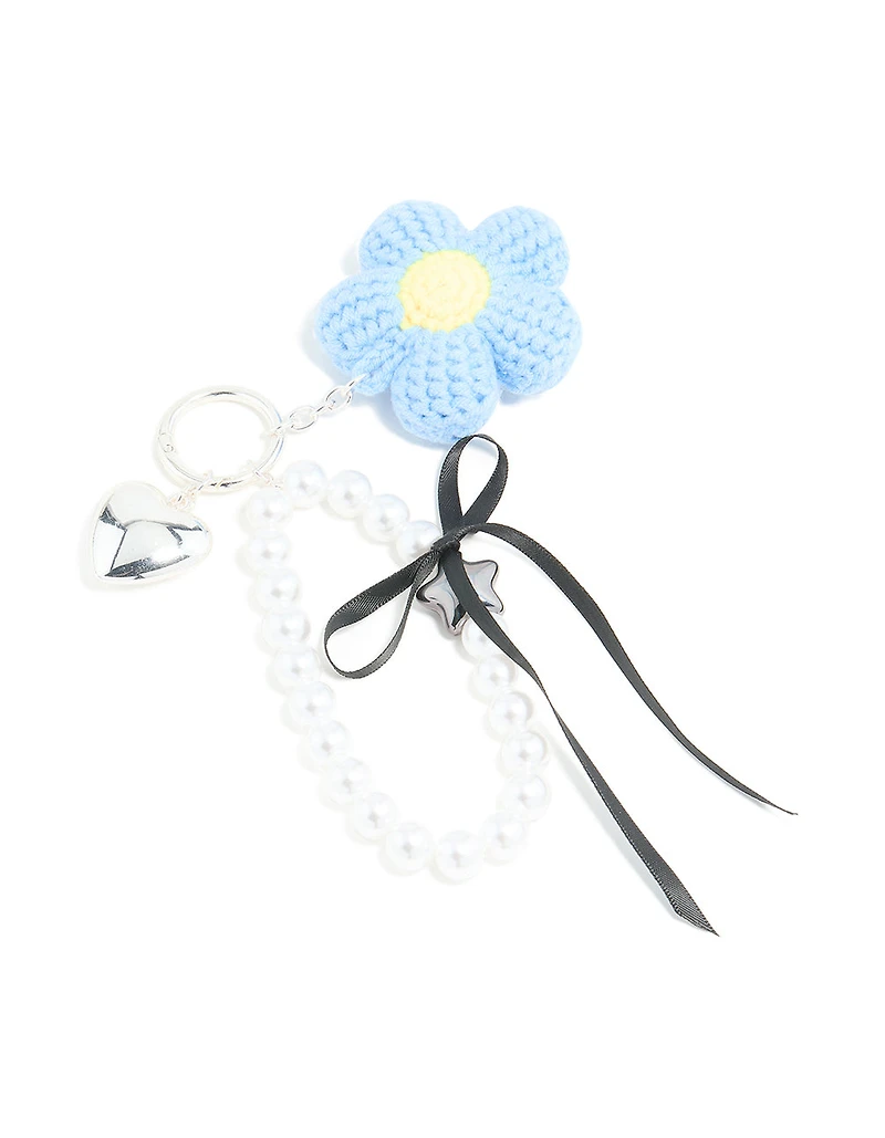 Blue Crochet Fabric Daisy & Pearl Key Chain