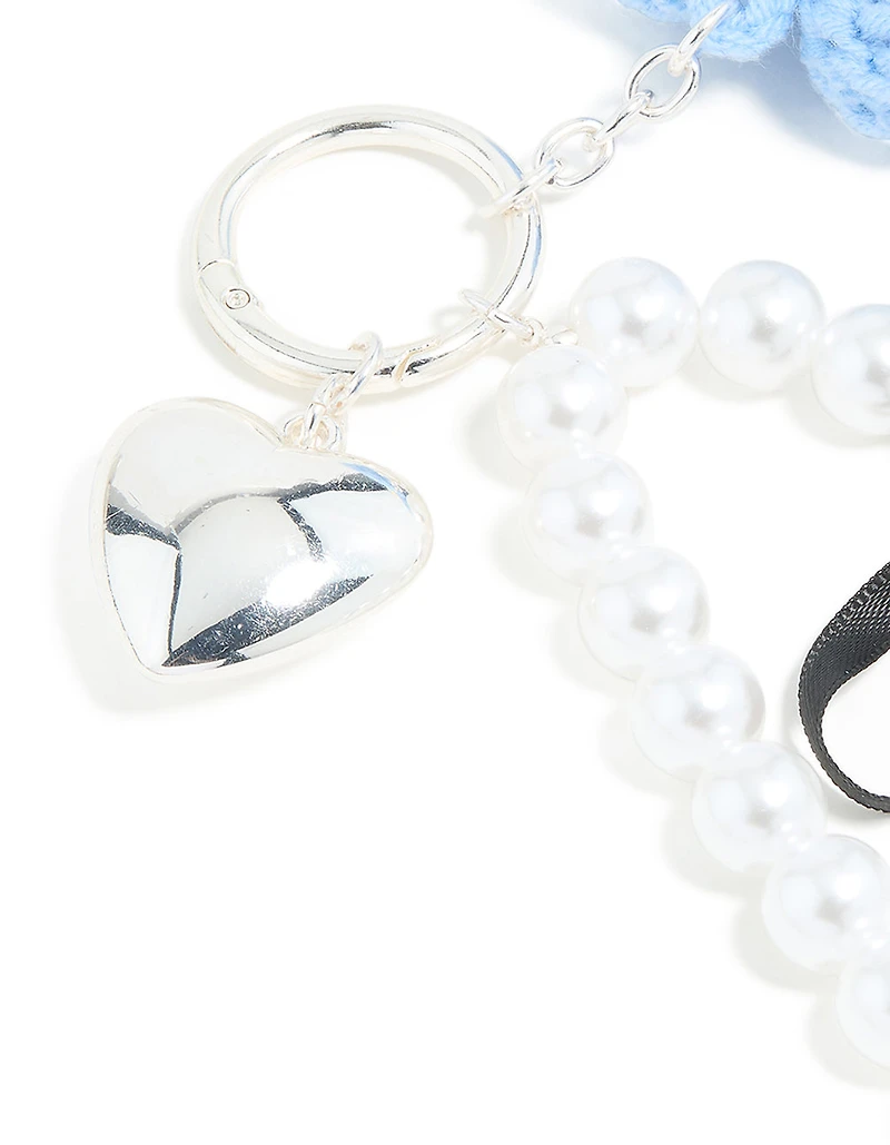 Blue Crochet Fabric Daisy & Pearl Key Chain