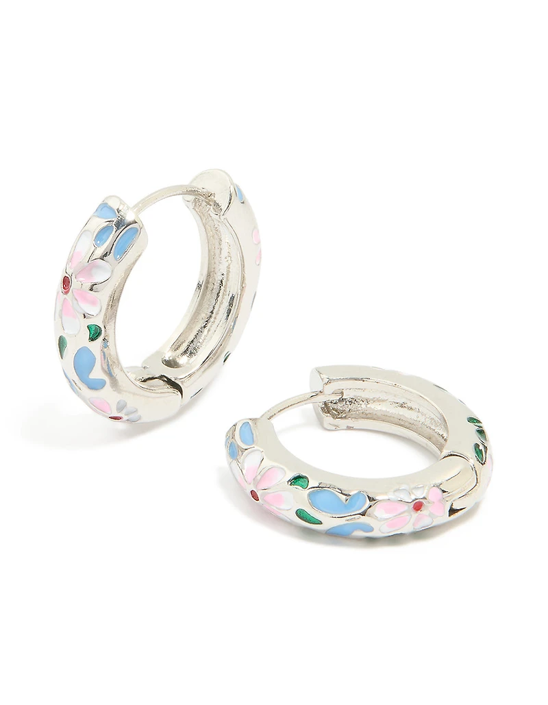 Boucles d’oreilles à motif floral argenté, bleu et rose