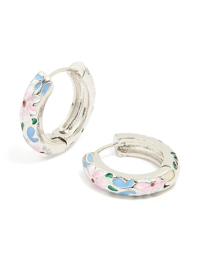 Boucles d’oreilles à motif floral argenté, bleu et rose