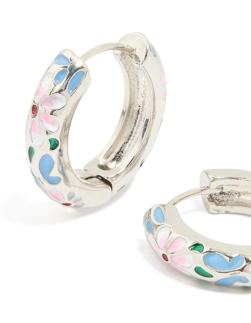 Boucles d’oreilles à motif floral argenté, bleu et rose