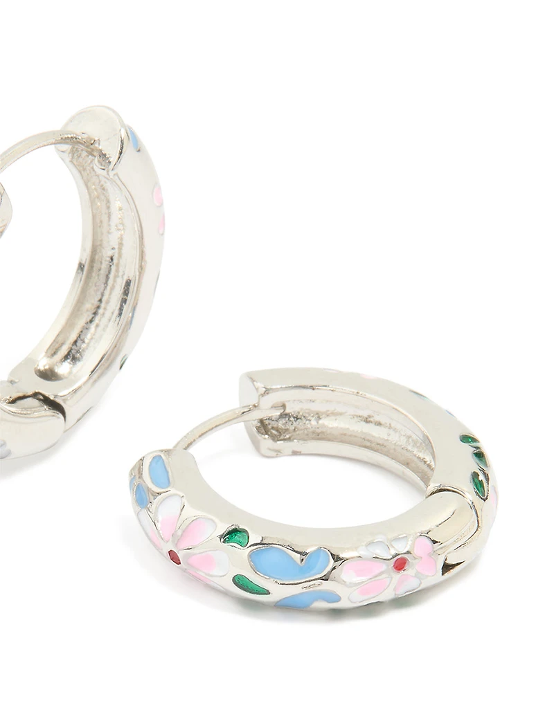 Silver Blue & Pink Enamel Flower Design Hoop Earrings
