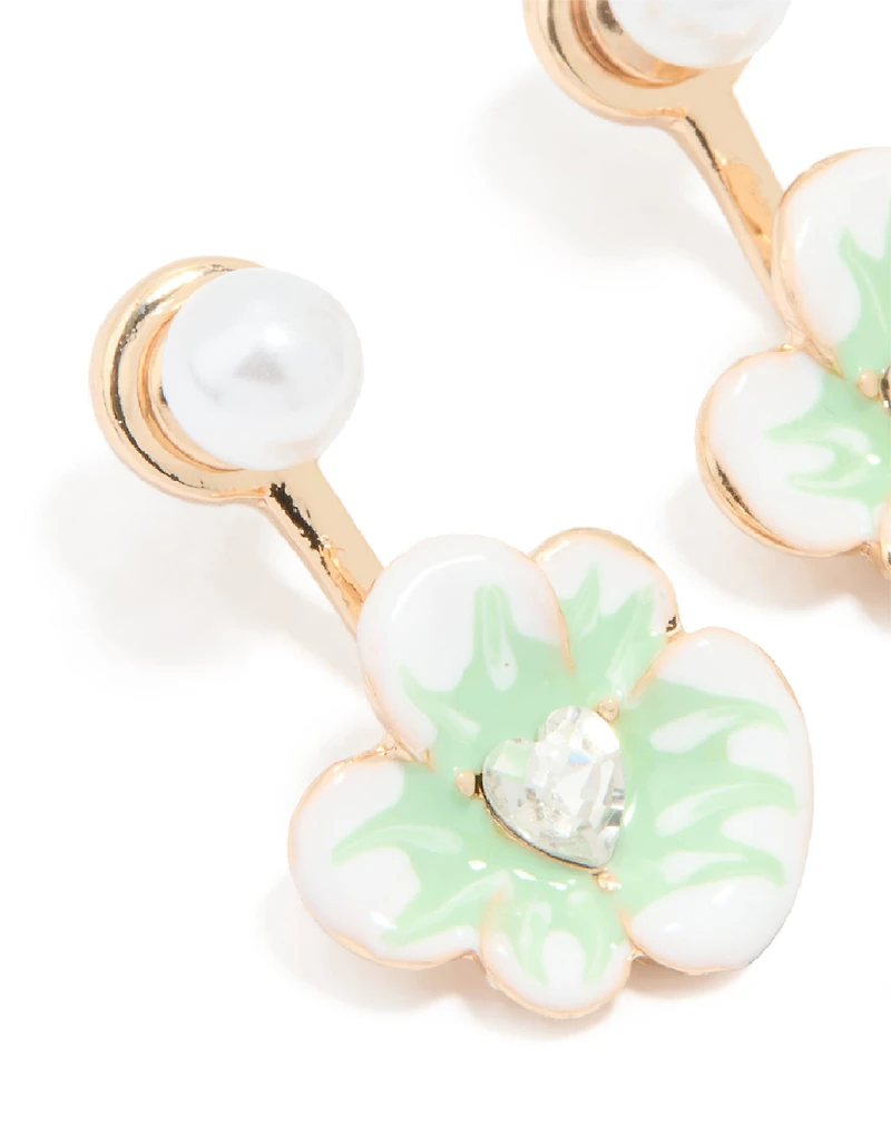 Gold Pearl & Flower Drop Earrings