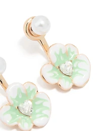 Gold Pearl & Flower Drop Earrings