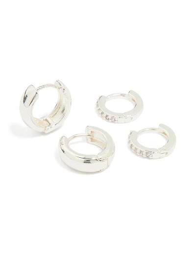 Silver Plated Brass Mini Cubic Zirconia & Plain Huggie Earrings 2-Pack