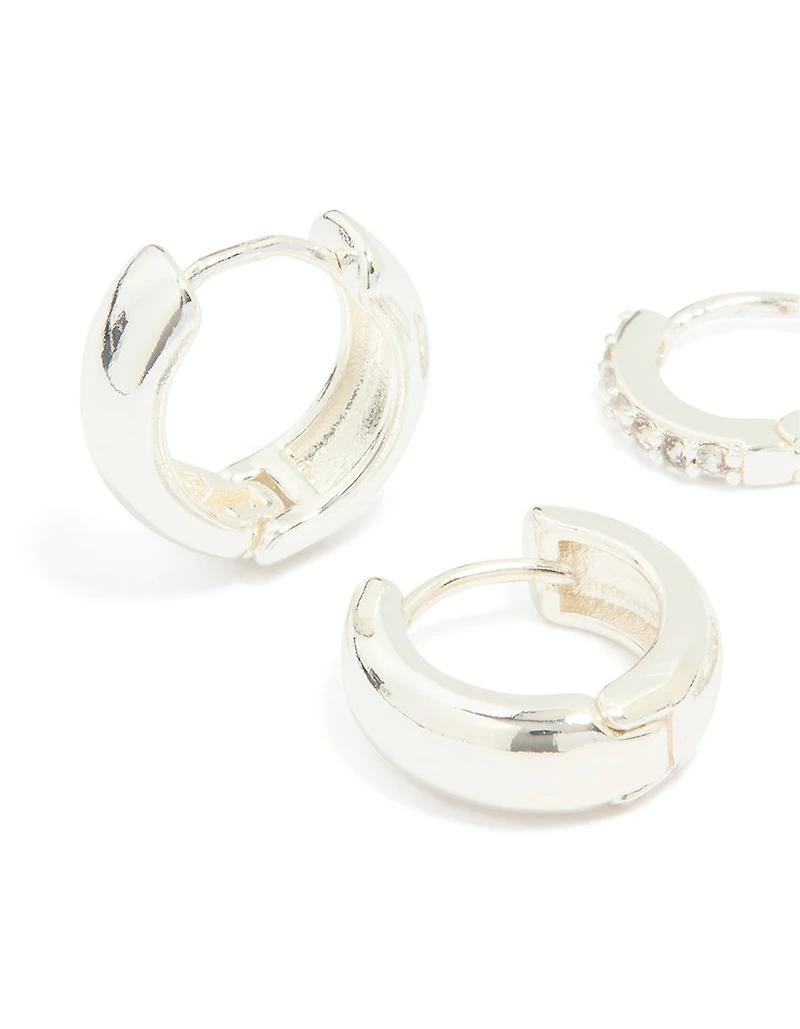 Silver Plated Brass Mini Cubic Zirconia & Plain Huggie Earrings 2-Pack