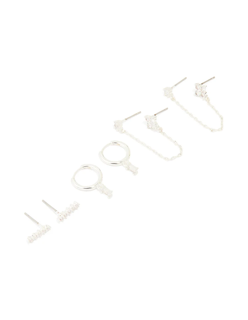 Silver Plated Brass Cubic Zirconia Chain & Stud Earrings 3-Pack