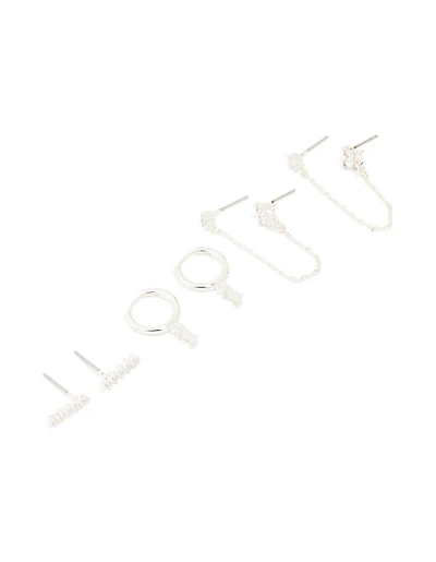 Silver Plated Brass Cubic Zirconia Chain & Stud Earrings 3-Pack