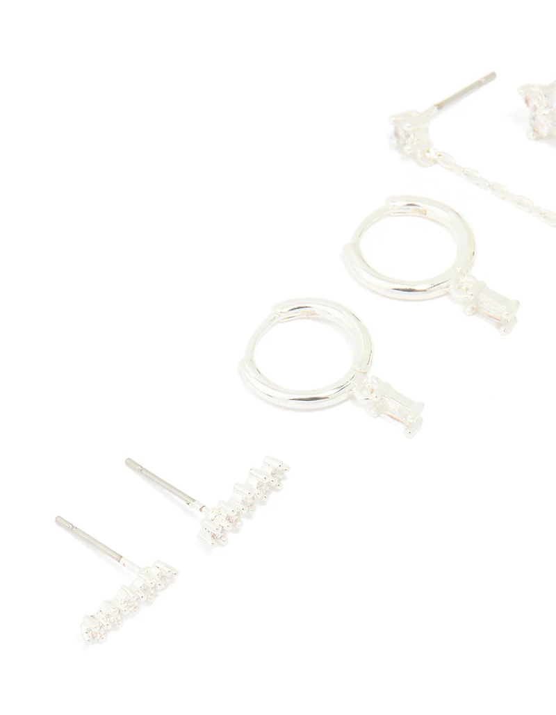 Silver Plated Brass Cubic Zirconia Chain & Stud Earrings 3-Pack