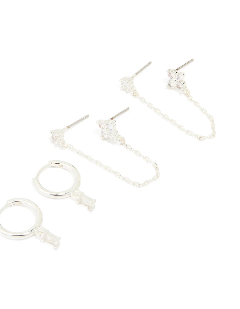Silver Plated Brass Cubic Zirconia Chain & Stud Earrings 3-Pack