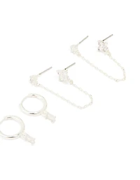 Silver Plated Brass Cubic Zirconia Chain & Stud Earrings 3-Pack