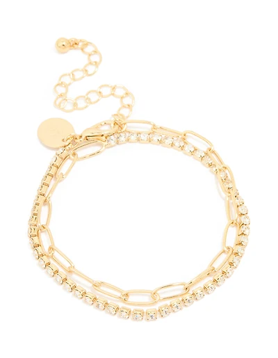Gold Plated Rectangle Open Link Cubic Zirconia Bracelet