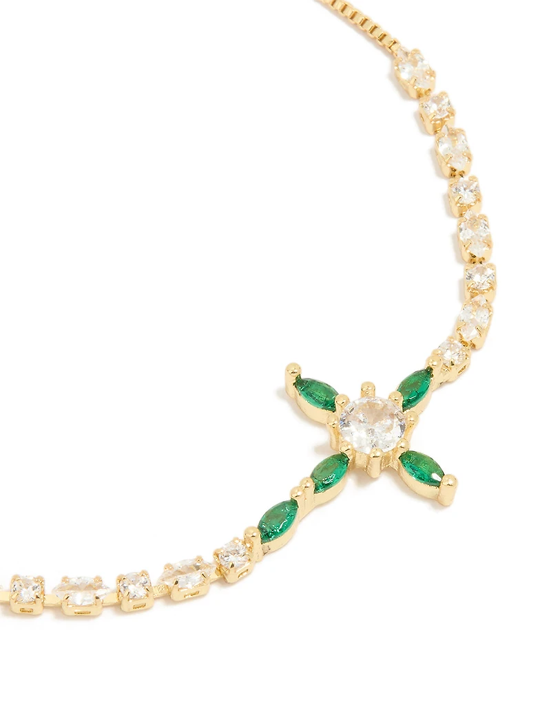 Gold Plated Brass Emerald Cross Cubic Zirconia Toggle Bracelet