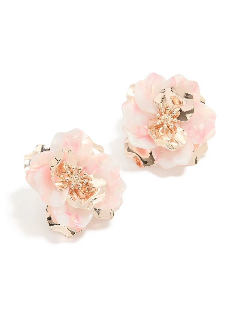 Rose Gold Marbled Pink Flower Large Stud Earrings
