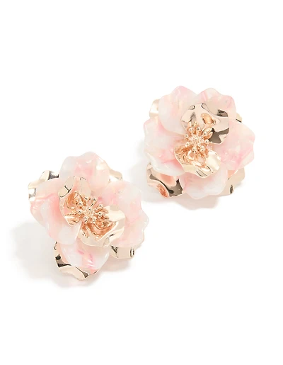 Rose Gold Marbled Pink Flower Large Stud Earrings