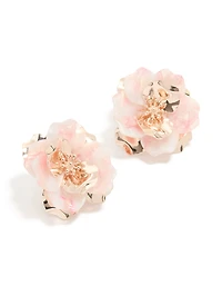 Rose Gold Marbled Pink Flower Large Stud Earrings
