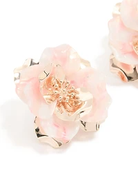Rose Gold Marbled Pink Flower Large Stud Earrings